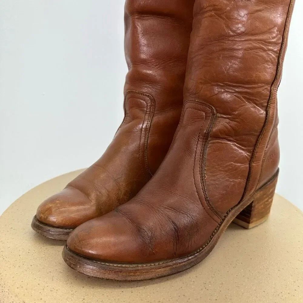Frye Women’s Vintage 1970s Fold Cuff Knee Block Heel Cognac Leather Boot - Picture 6 of 14